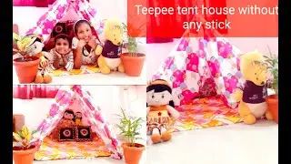 DIY tent house for kids | Teepee tent house with no cost| Kids Tent house without stick|sari tent