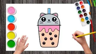 How to Draw a Cute Boba Kitty Cup | Bubble Tea Drawing | Boba Tea Drawing 