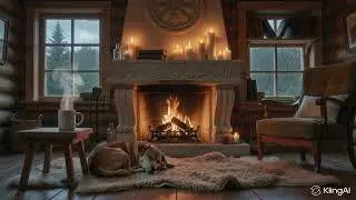 Cozy Cabin Fireplace & Rain Sounds • Sleeping Dog Ambience 