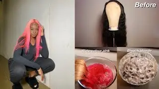 Bleach and watercoloring my wig from black to pink!