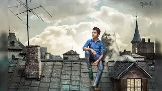 White Cat in the Roof Photo Manipulation Photoshop tutorials