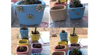vaso de cimento pequeno com potes de plástico e bijuterias