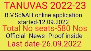 TANUVAS UG Admission 2022-23|Official News|B.V.Sc Online application|Total seats-580Nos|Cutoff Marks