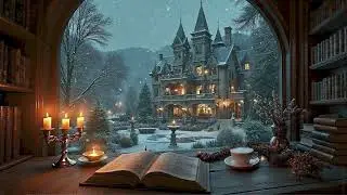 Quiet Christmas Evening in Gothic Study Room | Winter Reading & Snow Ambience