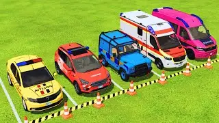 TRANSPORTING POLICE CARS, DACIA, FIESTA, JEEP, AMBULANCE, EMERGENCY COLORFUL CARS WITH TRUCK FS22