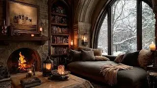 Winter Piano Room | Cozy Bedroom Piano Music with Warm Lights While Snow and Cold Wind Outside