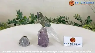 Model # 3001-SEPAM-083 Hand-Carved Serpentine Stone Parrot on an Amethyst Base by BrazilGems.com 🏷 