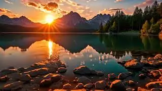 Fantastic sunset at lake Eibsee in Bavaria, Germany, Impressive summer sunrise