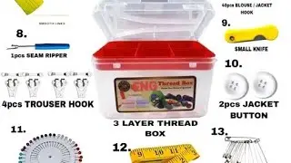 Multi purpose tailoring sewing kit containing ripper, tape, 24 threaded 3 layered box ,bobin,scissor