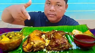 EATING SPICY FULL CHICKEN LEG PIECE CURRY | SPICY CHICKEN GRAVY BASMATI RICE GREEN CHILLI | 
