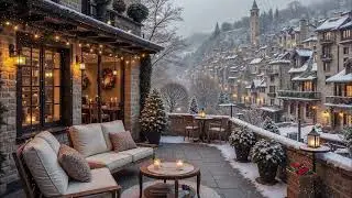 Cozy Winter Terrace Ambience with Relaxing Jazz Music - Soft Snowfall in a Fairytale Village