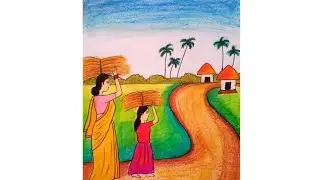 How to Draw Village Scenery with human figure । Mother and daughter working in the village place ।