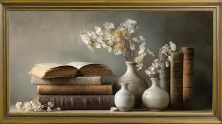 Vintage Books & White Blossoms | Neutral Still Life Framed Art for TV | 4 Hours