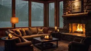 Cozy Rainy Cabin Balcony with Lake View in forest & Fireplace Sounds for Relaxation