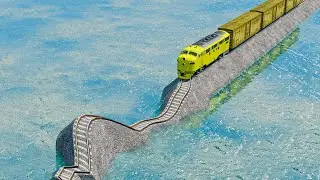 Quadruple Colorful Train Vs Impossible Mistake Weird Rail Track Crossing Deepwater | BeamNG.drive