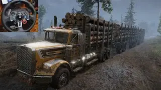 Freightliner FLD 120 Struggling with Heavy Logs | SnowRunner | Logitech G29 | Gameplay