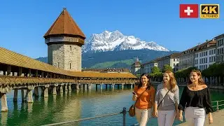 Walking Tour in Lucerne City | Chapel Bridge, River Reuss, Old Town | Switzerland 4K
