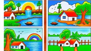 Nature scenery drawing for Beginners | Easy scenery drawing for competition |Village scenery drawing