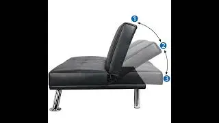 Modern Faux Leather Sofa Bed and Couch with Cupholders and Pillows, Black