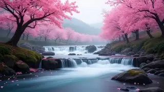 Waterfall Sound - Sakura Serenity: Blossom Embrace, Flowing Cascades, Rocky Banks, Tranquil Stream