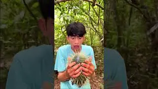 Boy picks spiky fruit. AI video.
