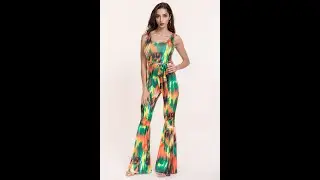 Plus size batch printed U neck stretch trumpet jumpsuit(With belt)(New add color&size) SKU 048858B