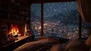 Winter Christmas Cabin Evening | Warm Fireplace Glow and Gentle Snowfall for Comfort & Sleep