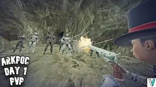 We Fight A BIG TRIBE for their OP CAVE on ARK Day 1!