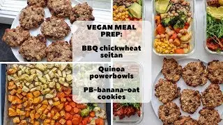 VEGAN MEAL PREP: BBQ CHICKWHEAT, BANANA-PB-OAT COOKIES & QUINOA-VEGETABLEMIX