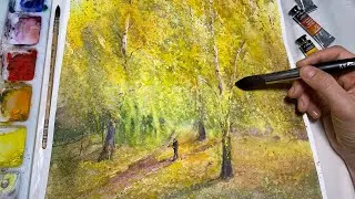 Watercolor landscape painting. How to draw autumn light