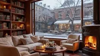 Cozy Fireplace Sounds 🔥 Winter City Cafe View, Snowfall Ambience, Relaxing Cozy Room