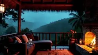 Cozy Rainy Evening on a Mountain Terrace with Fireplace & Cat,  🔥 Balcony Ambience#fireplace#cozy