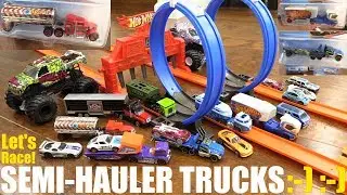 Semi Hauler Trucks Racing! Diecast Trucks Racing Playtime. Hot Wheels Race Track with Loops
