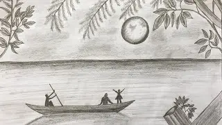 How to Draw Moonlight Night Scenery | Sea & Boat | Pencil Sketch step by step (easy drawing video)