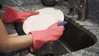 Wearing Gloves and Washing a Plate