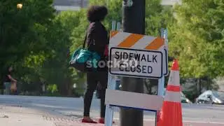 Sidewalk Closed Sign At Pedestrian Crossing In Atlanta, Georgia, USA