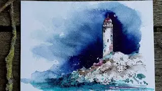 Malspazieren Nr 8 Aquarell Leuchtturm auf den Klippen. Ein Symbol der Liebe.