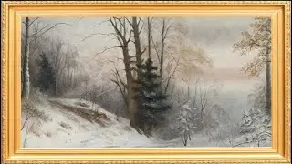 Winter's Embrace: A Snowy Forest Path gold frame tv art water color canvas wallpaper background