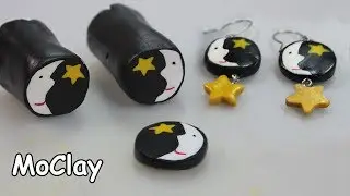 DIY Moon face and star cane - Polymer clay earrings