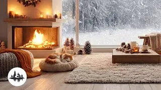 Relaxing Piano Music & Fireplace Sounds  | Snowy Ambiance with Sleeping Cat