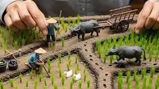 Handmade Miniature Clay Farmer & Buffalo Walking Through Mud &ndash; Rice Field Diorama