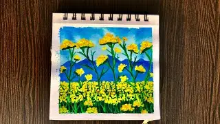 Easy Mustard Plant Field Scenery For Beginners | Yellow Flowers Field With Mountain Painting