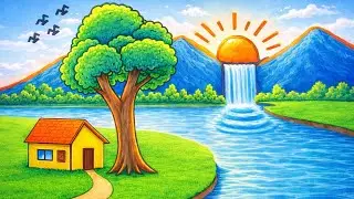 How to draw river side mountain scenery drawing| Natural scenery drawing| Beautiful scenery drawing 