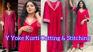 Step By Step Trendy Y Yoke Kurti Cutting & Stitching | Easy Wat To cut gathered Kurti | Rajveerpunni