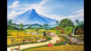 HARMONY OF THE RURAL NATURE: RICE FIELDS, MOUNTAINS, and FARMERS HARVESTING RICE