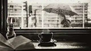 Rainy Window Coffee Ambience | Jazz Music, Steaming Mug & Candle in B&W