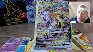 Pulling Mewtwo Vstar Gallery Card and Radiant Charizard from Crown Zenith Elite Trainer Box.