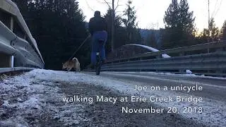 Salmo BC -- Unicycle Walking Macy at Erie Creek Bridge