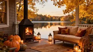 Осенний утренний джаз 🍂 Уютное кафе у озера, камин и тыквы для отдыха ☕