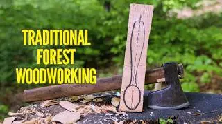 Traditional Forest Woodworking. Craftsman Making Spoons With Hand Tools. Hiking and Bushcraft.